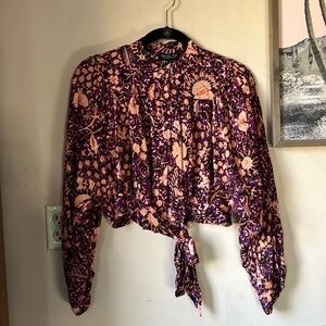NWT Rachel Zoe Purple Floral Print Cropped Tie-Waist Top Size Small